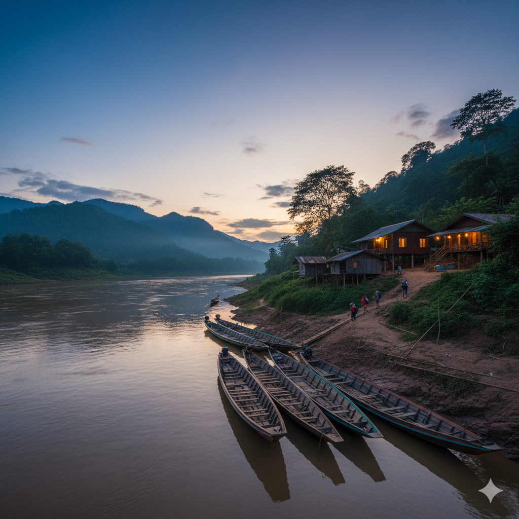 Icon-FlexibleRebooking-Teal.svg - Laos Travel Company - Trips & Tours Pakbeng village at sunset, where slow boat to laos passengers stop overnight.