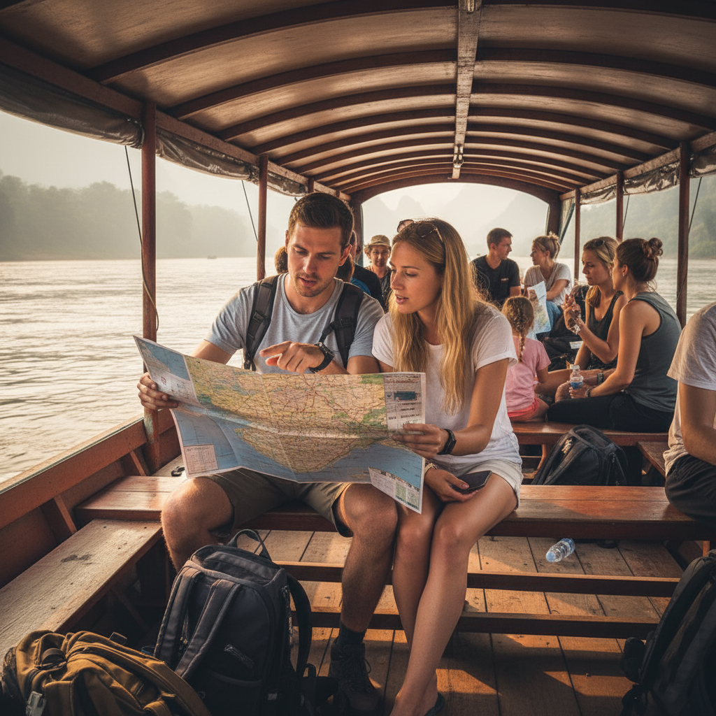 Tourist Looking at Map - Laos Travel Company - Trips & Tours Travelers being on the slow boat getting ready for travel.