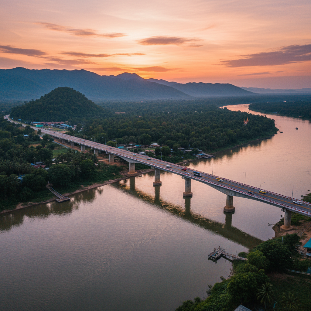 Top Filter - Grid - Laos Travel Company - Trips & Tours View of the Friendship Bridge connecting Chiang Khong and Huay Xai.