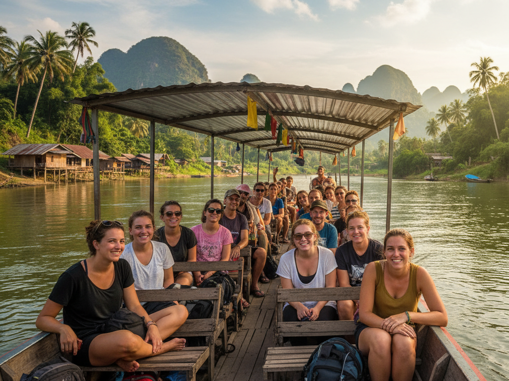 chiang-rai-to-laos-by-slow-boat - Laos Travel Company - Trips & Tours Scenic view of travelers crossing the Mekong River from Chiang Rai to Laos