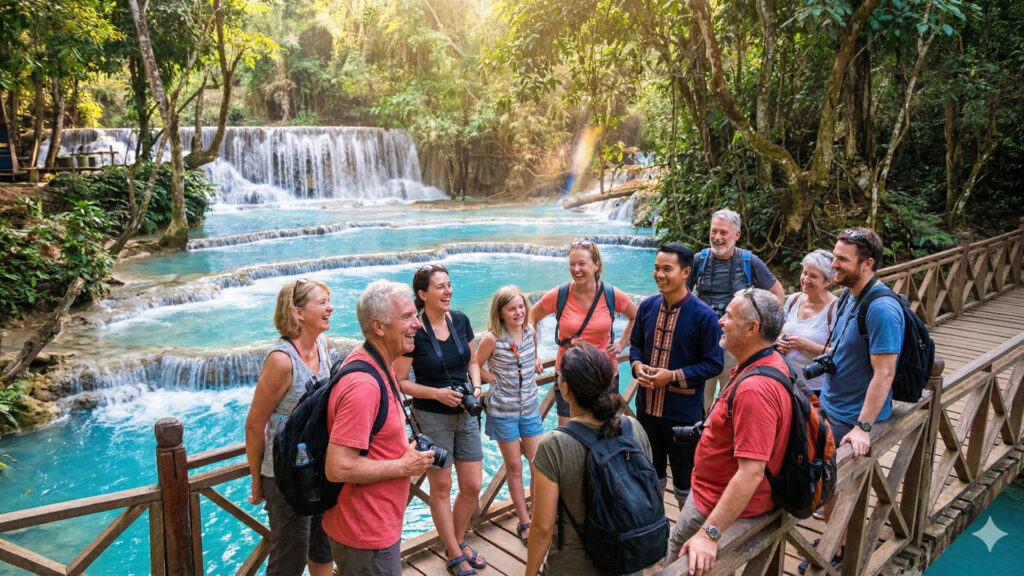laos-group-tour-waterfall - Laos Travel Company - Trips & Tours Laos group tour visiting a waterfall