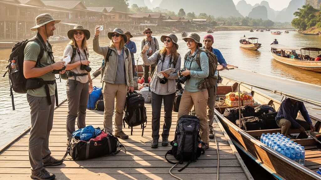 2 Day Intenerary - Laos Travel Company - Trips & Tours Group of hikers on a wooden dock taking a selfie, with river boats and distant cliffs in the background.