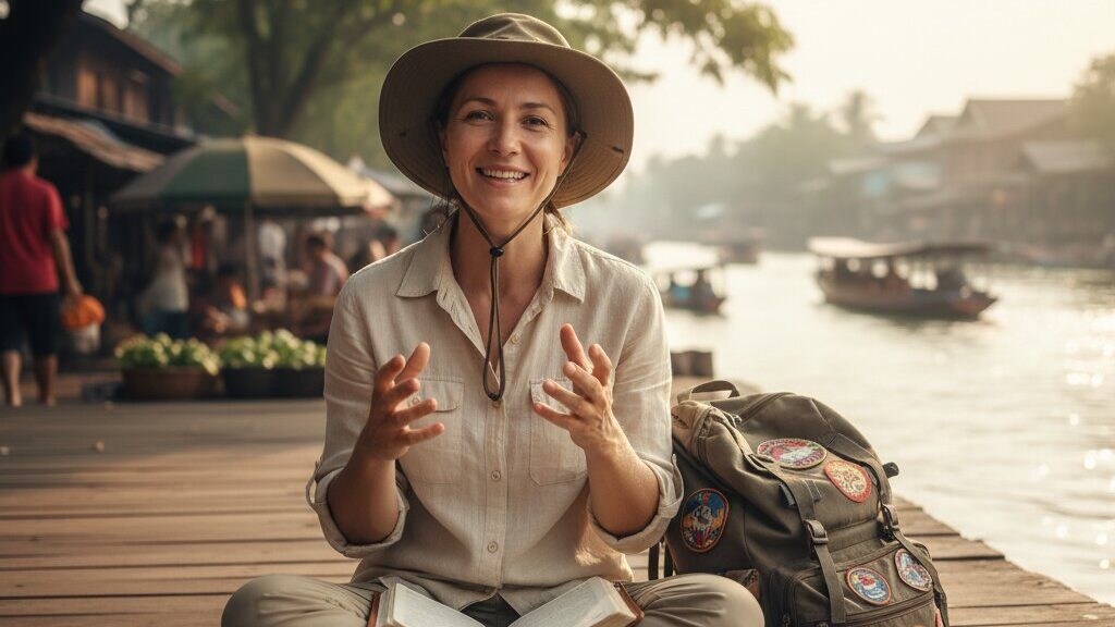 Tourist Giving Advice - Laos Travel Company - Trips & Tours Woman sitting cross-legged on a wooden dock by a river, wearing a wide-brim hat, with an open book and a backpack beside her.