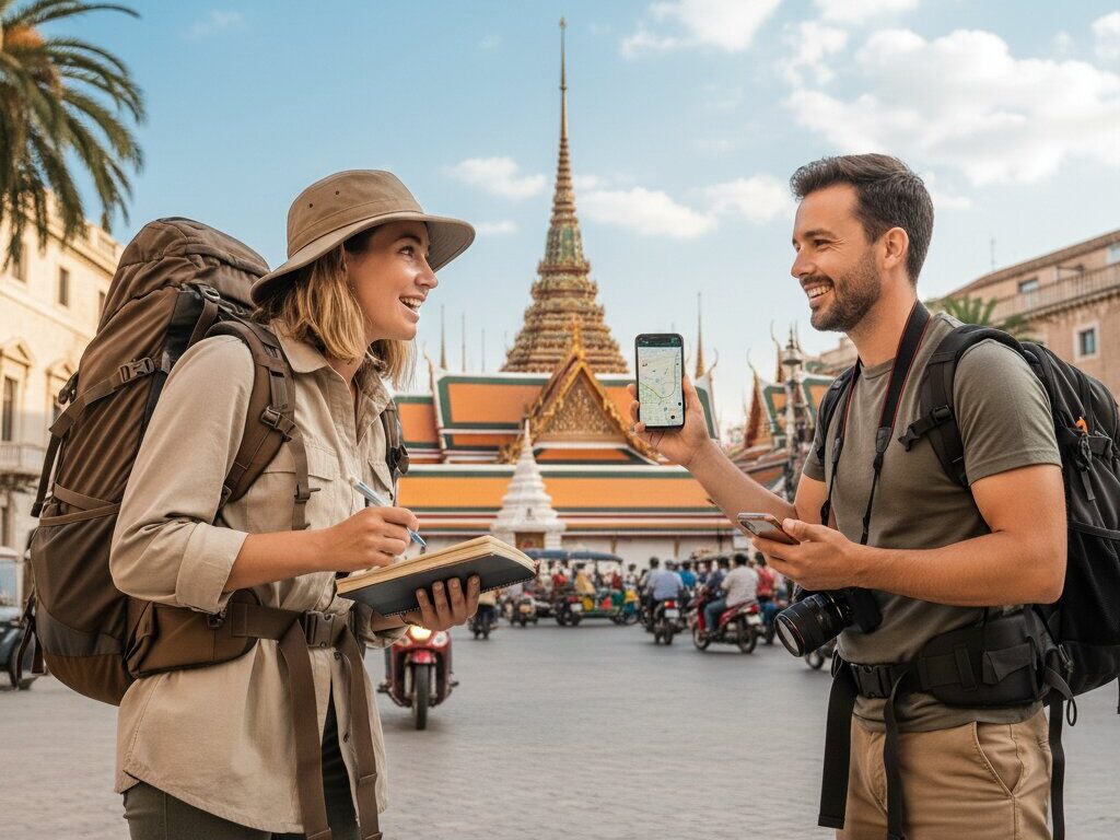 Tips for traveling - Laos Travel Company - Trips & Tours Two backpackers in a temple square; woman writes in a notebook while the man shows a map on his phone, smiling at each other.