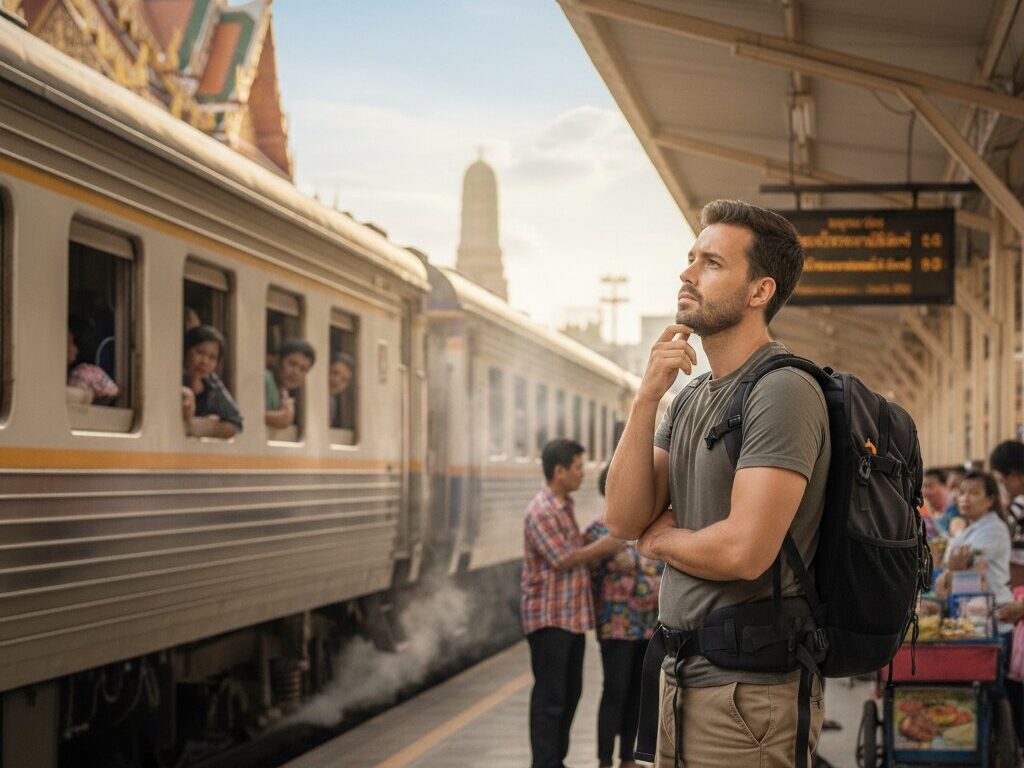 why take the train - Laos Travel Company - Trips & Tours Man with a backpack stands on a train platform, deep in thought as the train and passengers loom nearby.