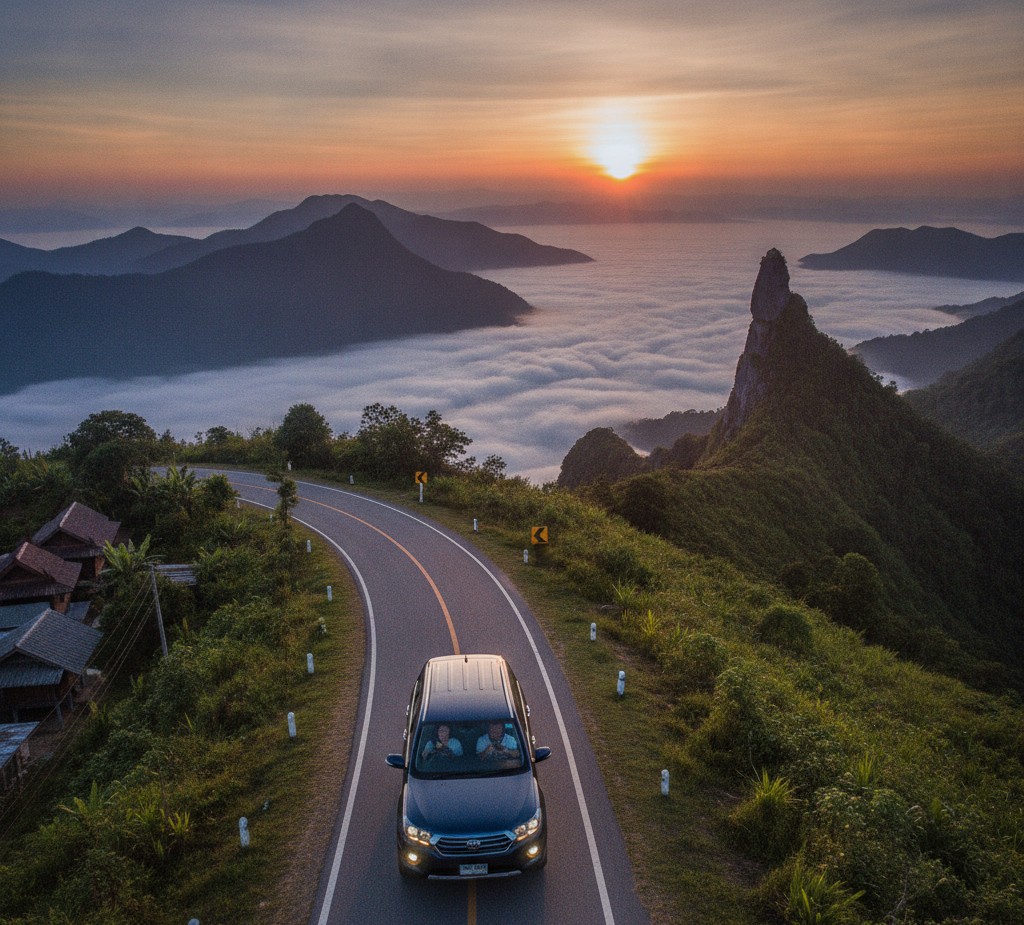 Driving to Phu chi Fa - Laos Travel Company - Trips & Tours SUV driving on a winding mountain road at sunset with fog-filled valleys and rugged peaks in the distance.