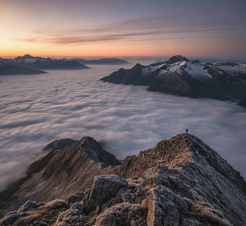 Sea of Mist - Laos Travel Company - Trips & Tours A lone hiker standing on a jagged mountain ridge above a sea of clouds at sunrise.