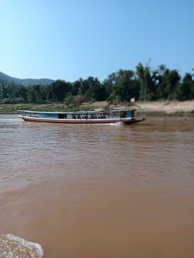 Motorized passenger boat gliding along a muddy brown river with green trees and hills in the background.