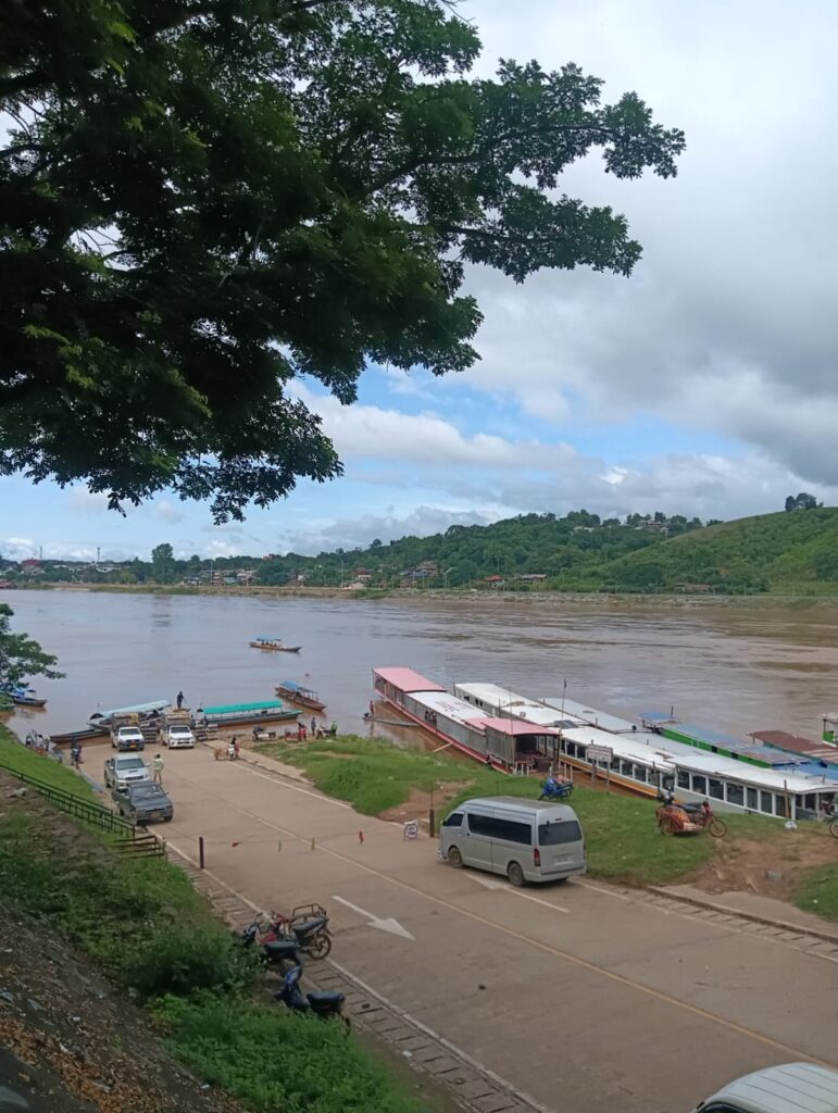 Riverbank scene with colorful boats docked along the shore, a road with parked cars and motorcycles, and green hills in the distance under a cloudy sky framed by a large tree branch.